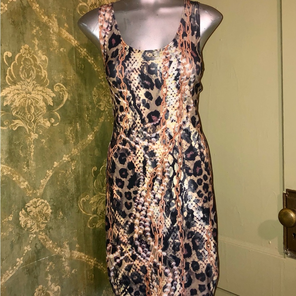 Vintage 90s Leopard Snake Chains Print Bodycon Tank Dress